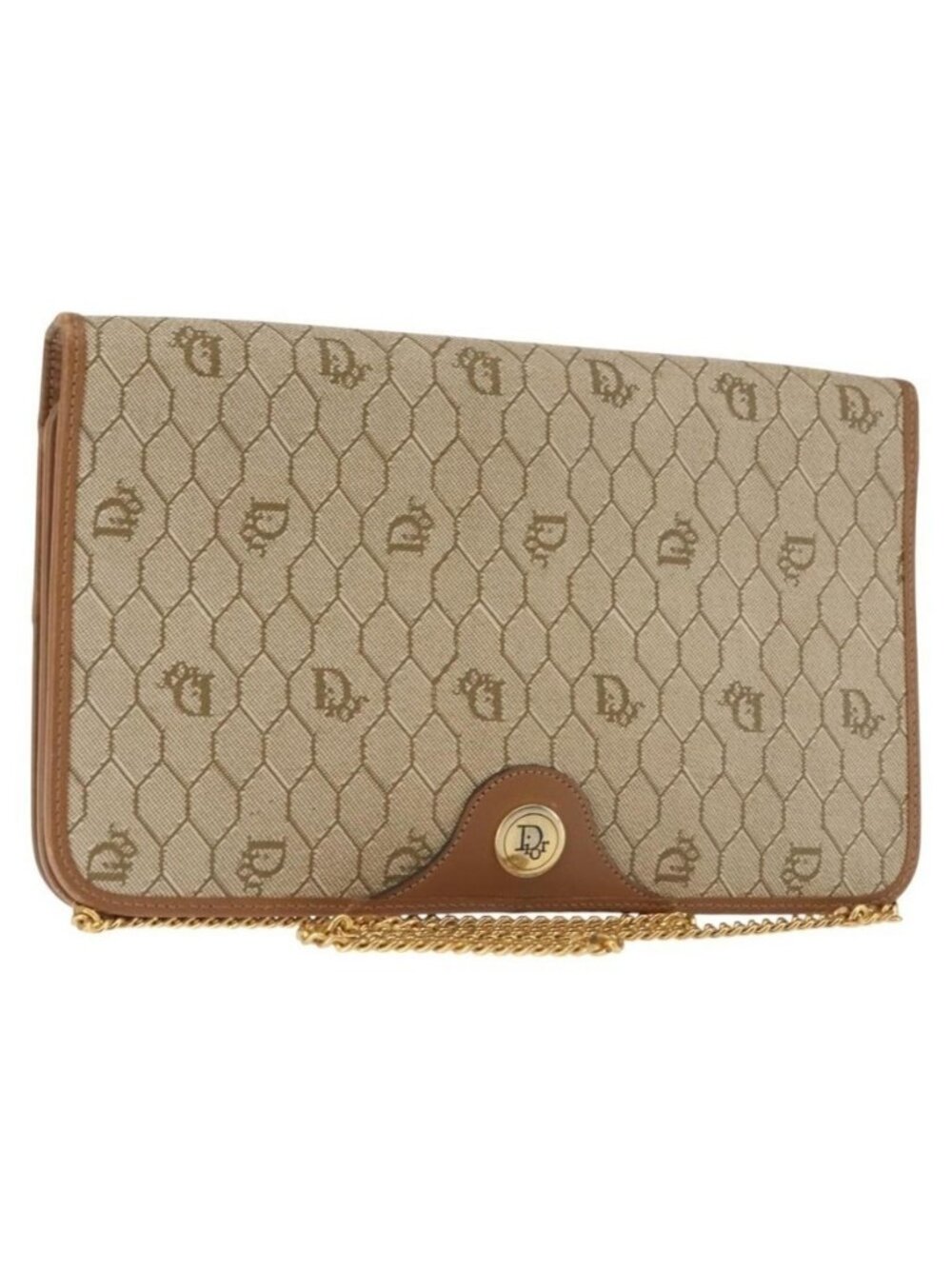 Authentic Christian Dior Honeycomb Canvas Chain Shoulder Bag PVC Leather Beige